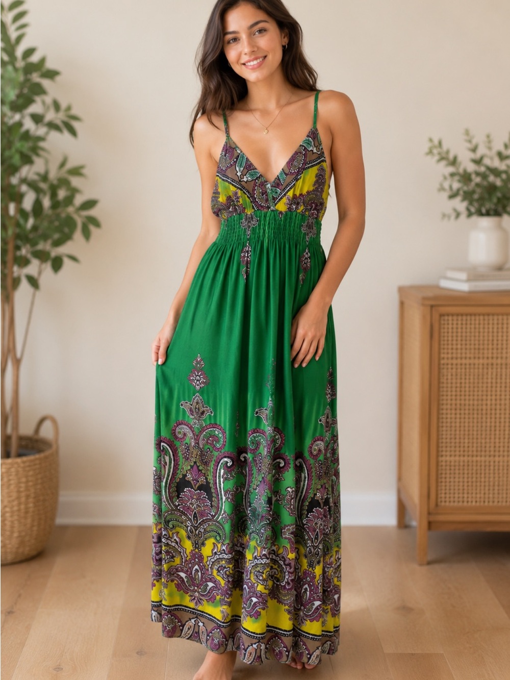 She's Cool Green Paisley V‑Neck Maxi Dress